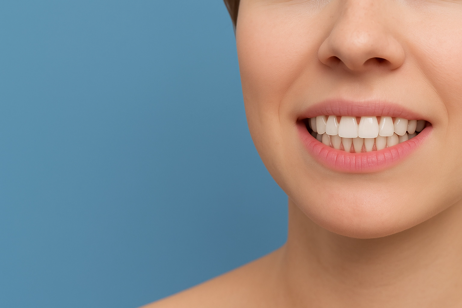 image of a smiling woman’s lower face showing clean white teeth and healthy gums, set against a smooth blue-grey background.
