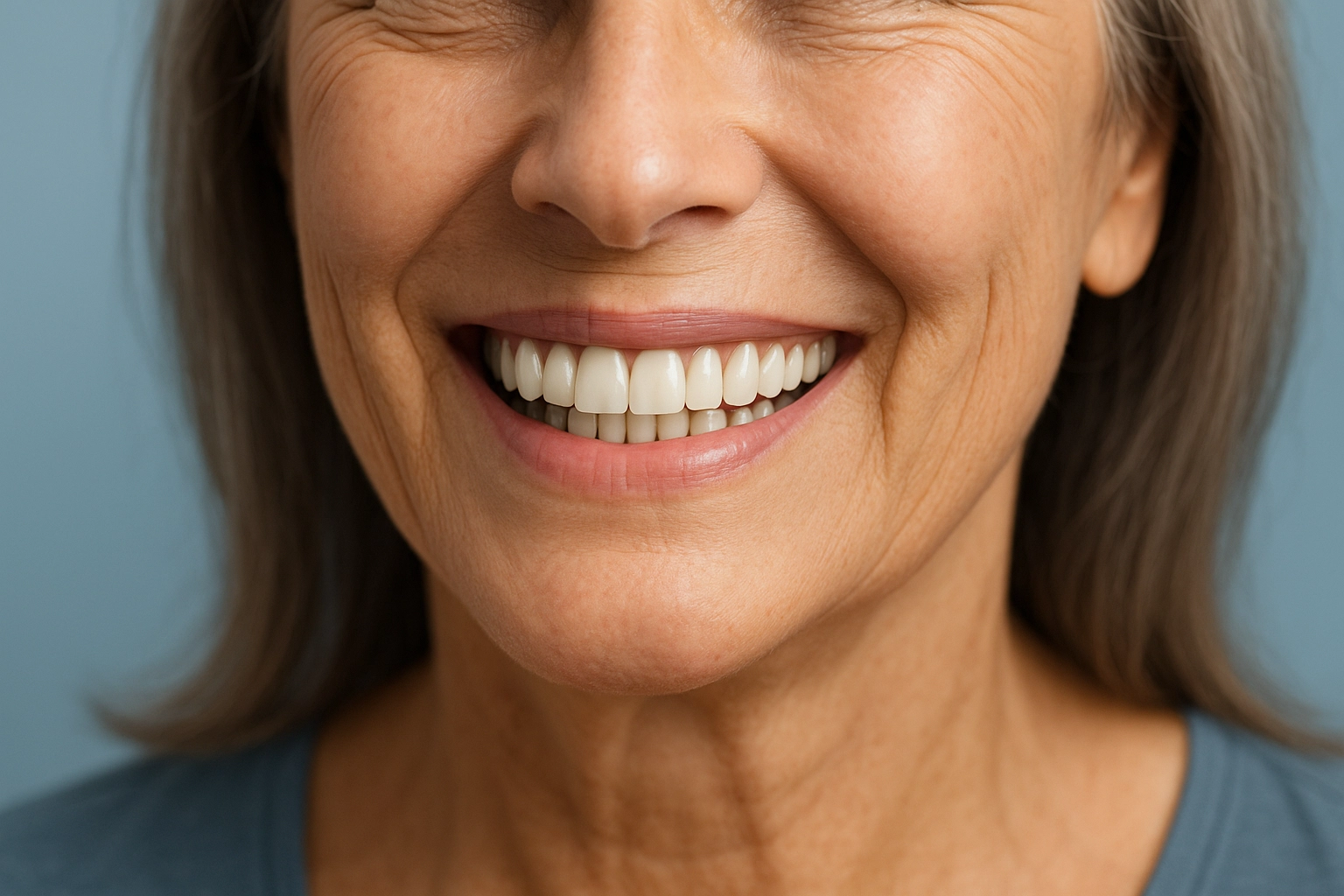 image of an older woman smiling, showing well-fitted dentures and natural skin texture, set against a soft blue-grey background