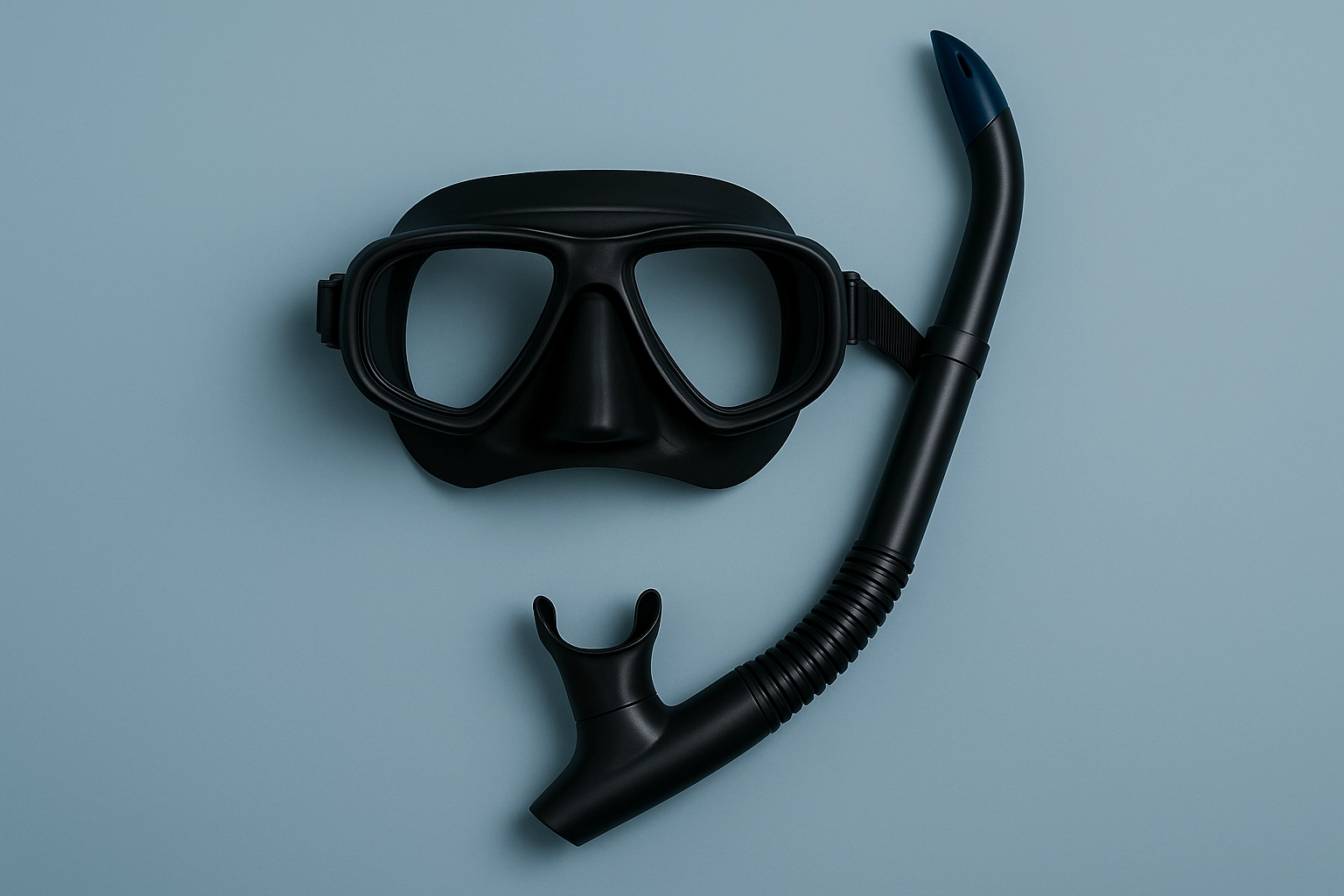  image of a black snorkeling mask and snorkel with a soft silicone mouthpiece placed neatly on a smooth blue-grey background.