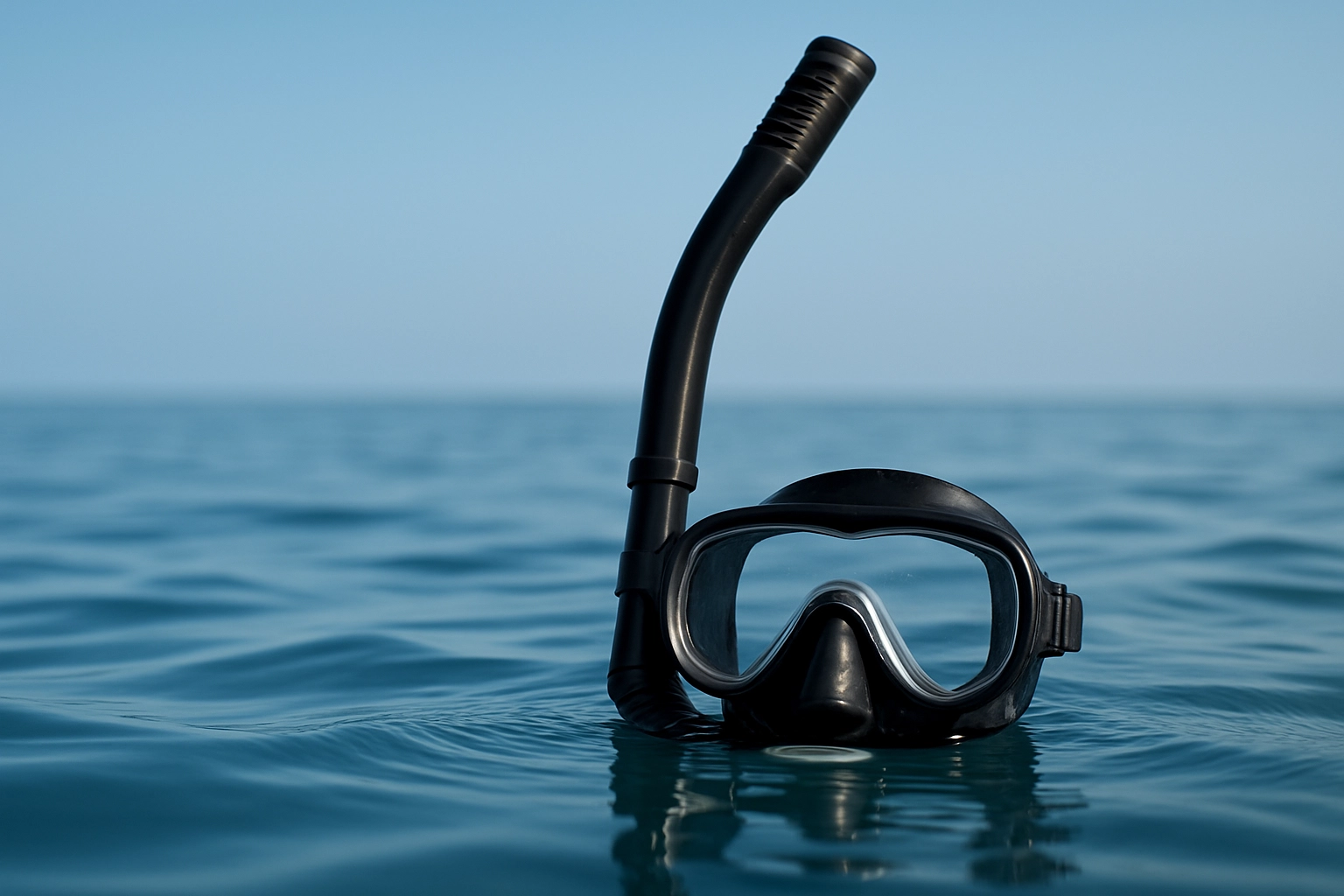 image of a black snorkel and clear-lens diving mask floating on calm ocean water under a clear blue sky, with ripples reflecting the gear on the surface.