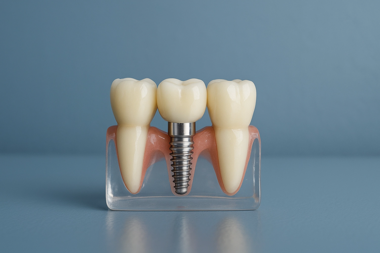Image of a dental model showing a titanium implant post supporting a natural-colored artificial tooth between two adjacent teeth, set on a glossy surface with a blue-grey background.