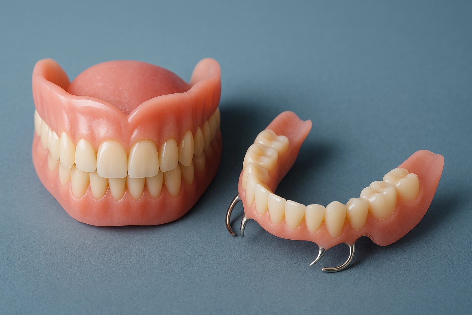  Photorealistic image of two dentures on a blue-grey background—one complete upper denture with natural-looking teeth and pink acrylic base, and one partial lower denture with metal clasps and four replacement teeth.