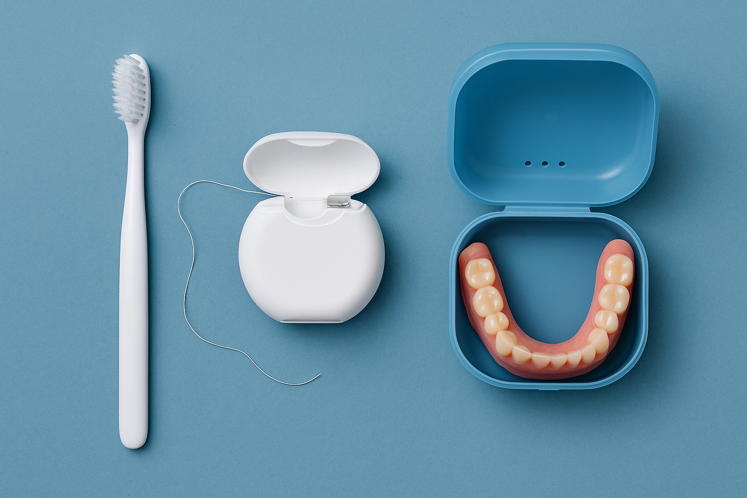 Photorealistic image of dental hygiene tools including a white toothbrush, open floss container with thread exposed, and a blue retainer case containing a full lower denture, all arranged on a soft blue-grey background.
