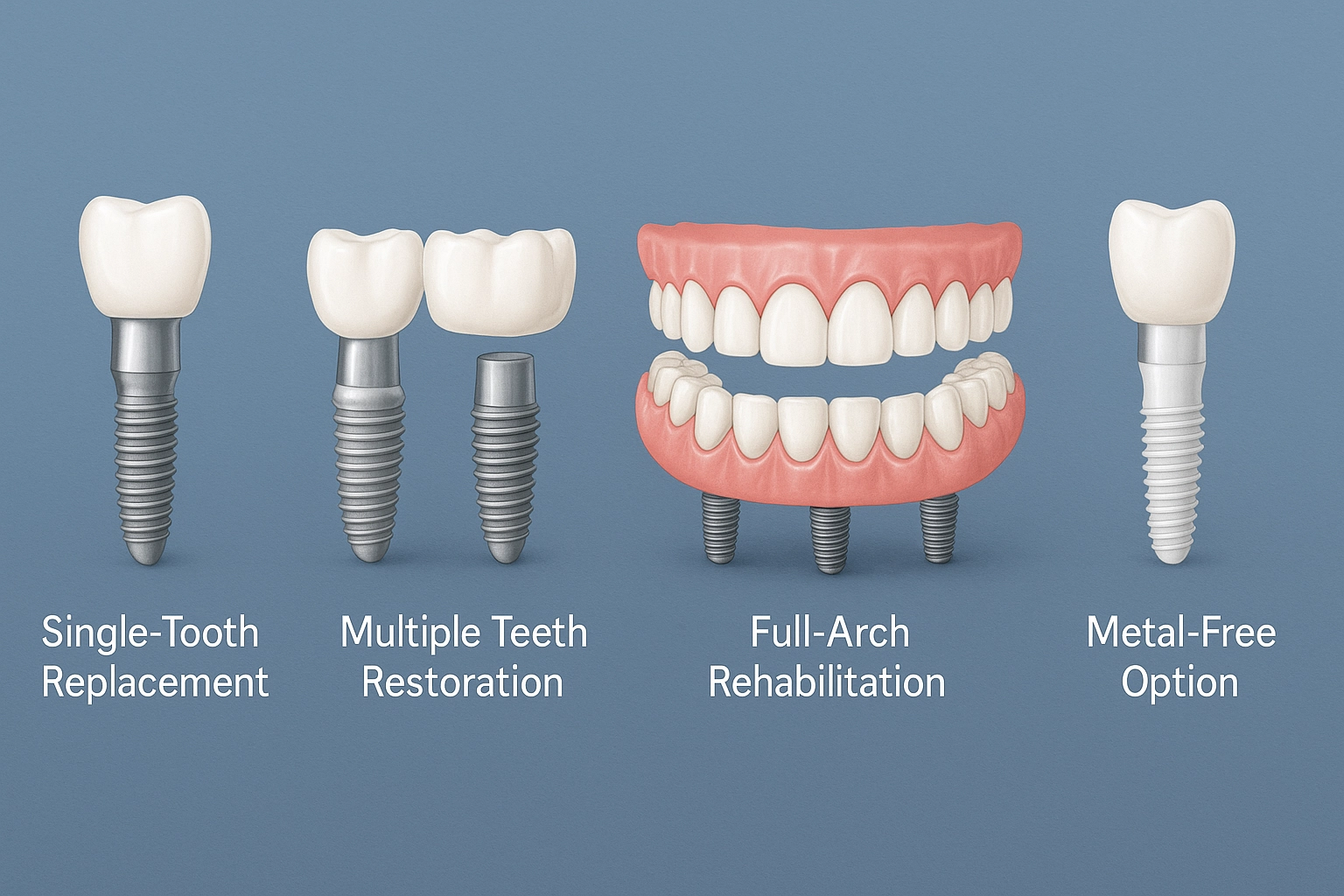  four types of dental implant procedures—single-tooth replacement, multiple teeth restoration, full-arch rehabilitation, and a white ceramic metal-free option—displayed side by side on a soft blue-grey background.