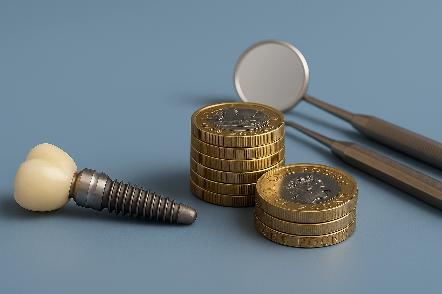  digital photograph displays a set of realistic dental implants arranged on a clean blue-grey background. The implants are metal and ceramic, showing detailed threads and abutments, ideal for illustrating implant technology in a dental blog post. 