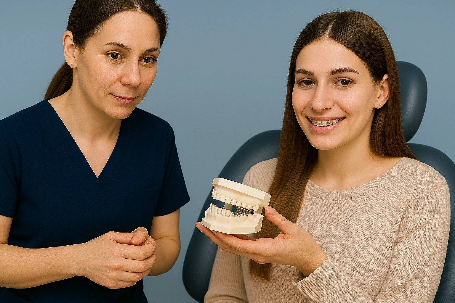 A close-up photo-realistic image of a female patient with lingual braces during a dental consultation at a modern clinic. The patient is sitting upright with her eyes open, and a dental professional is examining her teeth using specialized tools.