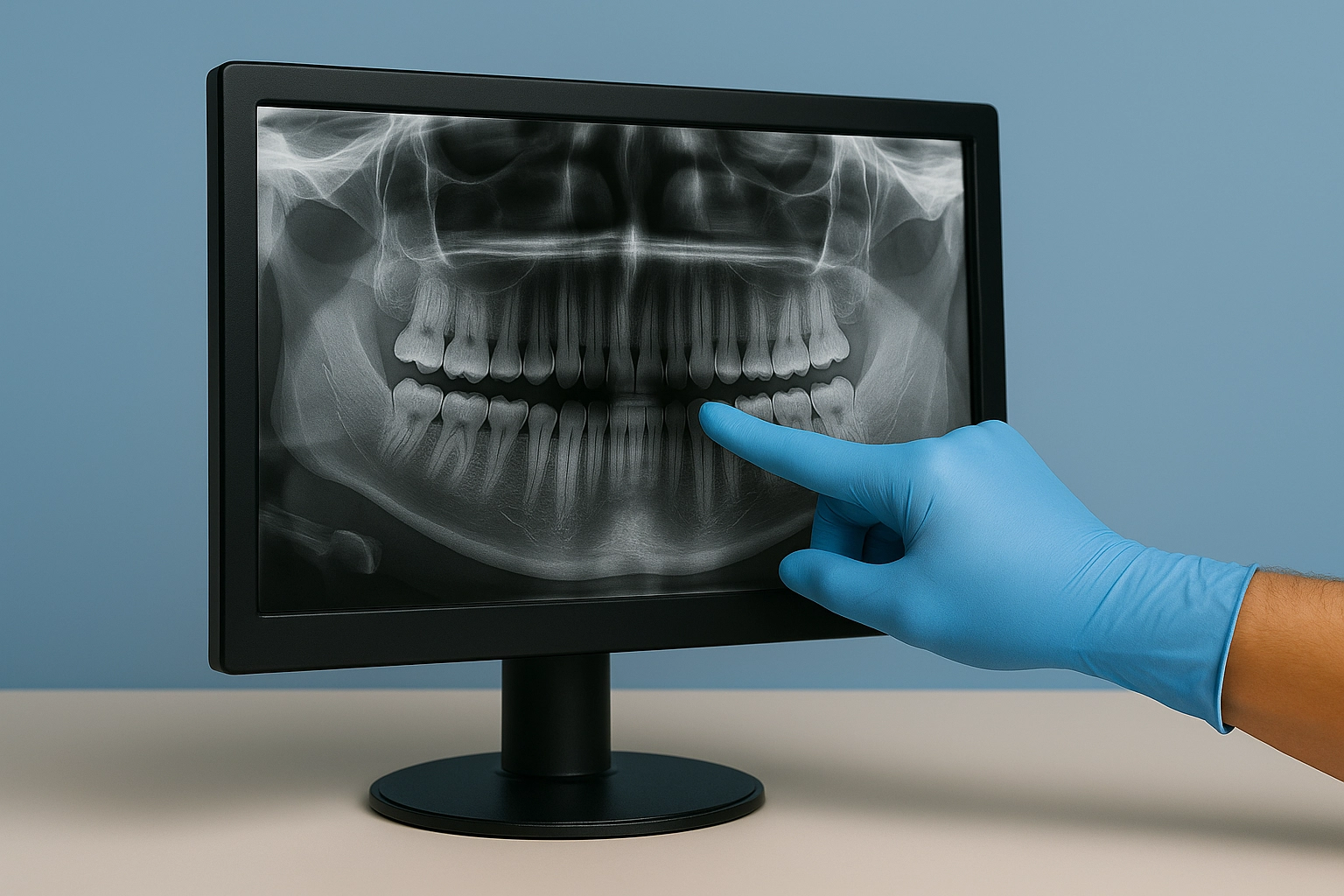 The X-ray is angled toward the camera, illuminated against a soft blue-grey background, emphasizing modern diagnostic tools in dental care.