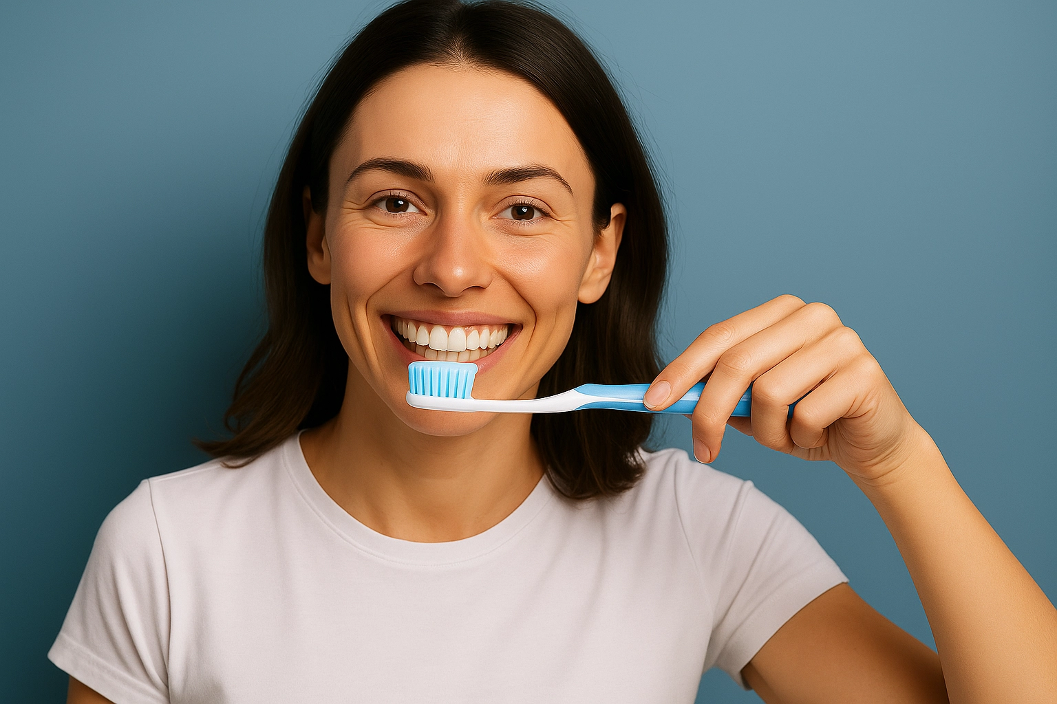 Woman brushing her teeth in front of a bathroom mirror, holding a toothbrush with visible white foam, wearing a casual top, and maintaining proper oral hygiene.