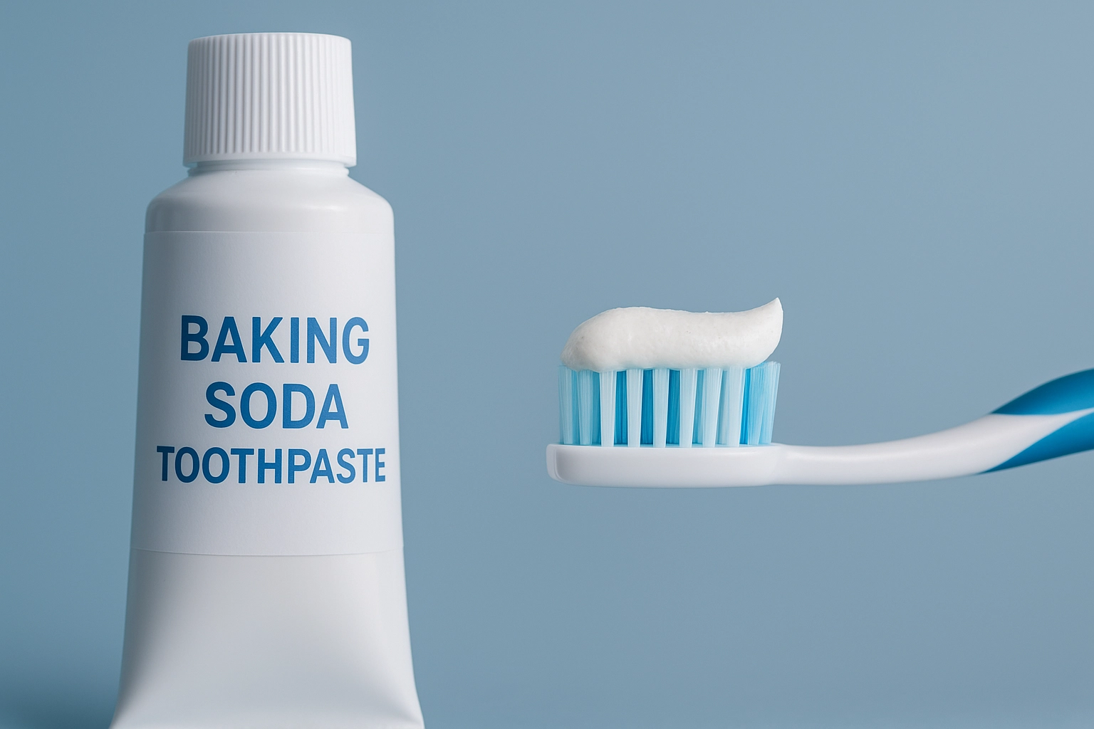 Minimalist image of a white tube labeled "Baking Soda" standing upright against a blue-grey background, emphasizing natural oral care ingredients.