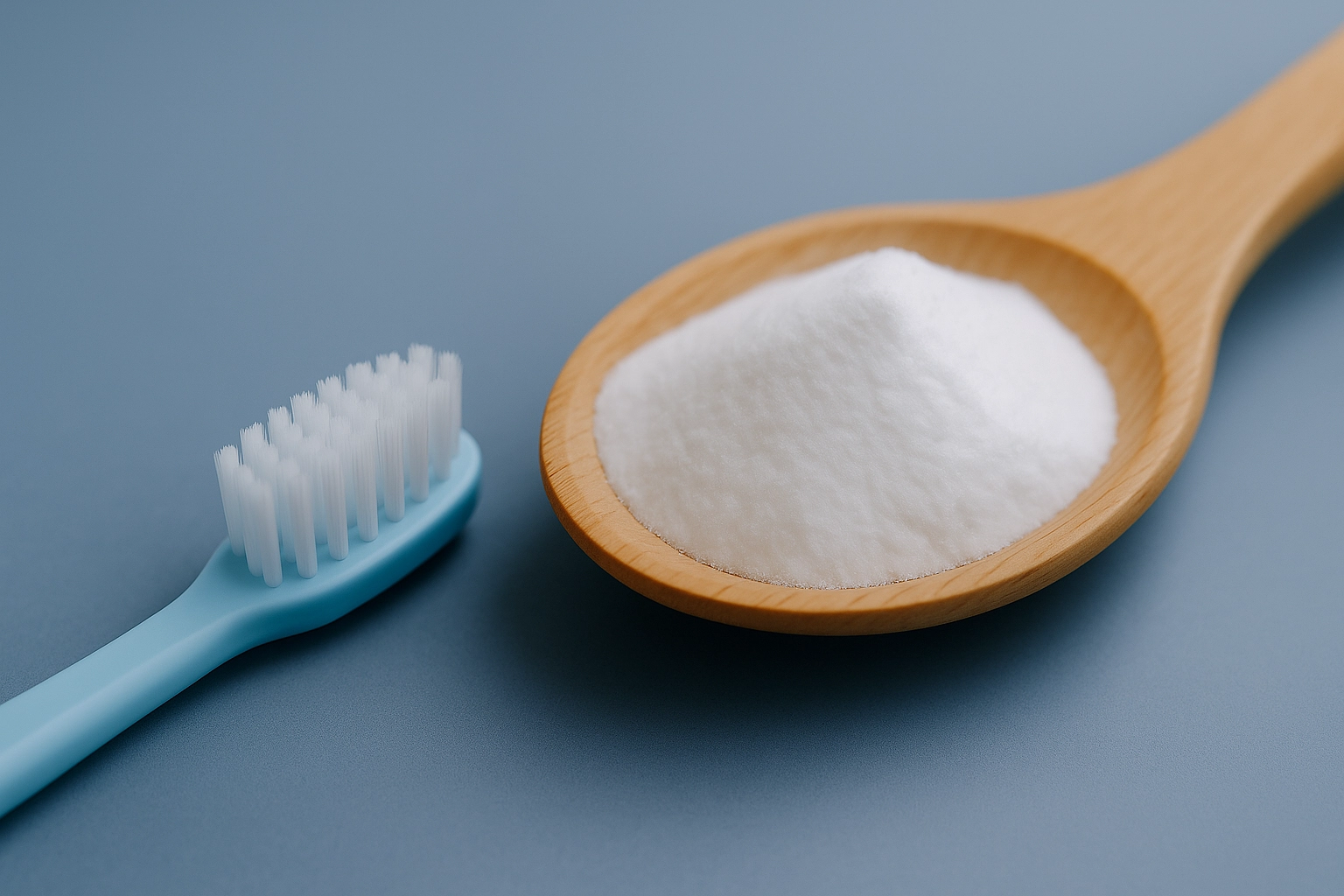 A digital photograph captures a close-up of a light wooden toothbrush with white bristles, topped with baking soda, next to a glass bowl of baking soda and a white toothpaste tube, set against a blue-grey background.