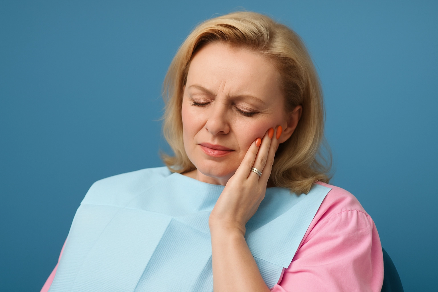 A digital photograph captures a middle-aged Caucasian woman in a dental chair with her eyes closed and hand pressed to her cheek, expressing pain, against a blue-grey background with soft lighting.