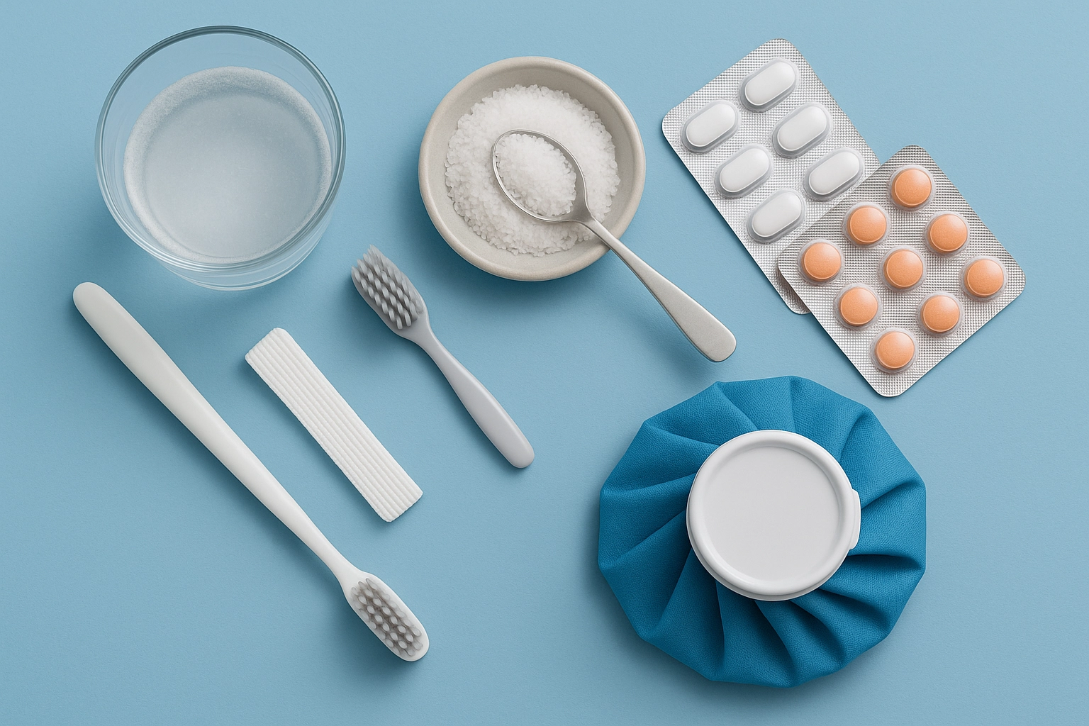 A digital photograph displays dental and pain relief tools on a light blue background, including saltwater, coarse salt with a spoon, a toothbrush, an interdental brush, two blister packs of pills, and a blue cold compres