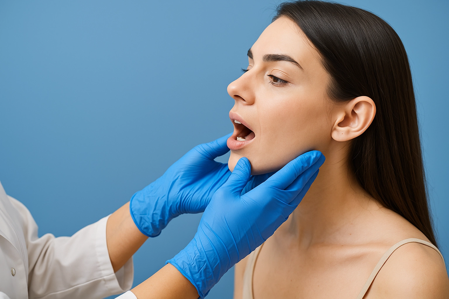 A high-resolution digital photograph captures a medical checkup as a woman with long dark hair opens her mouth while a healthcare provider in blue gloves examines her jaw, set against a smooth blue-grey 16:9 background.