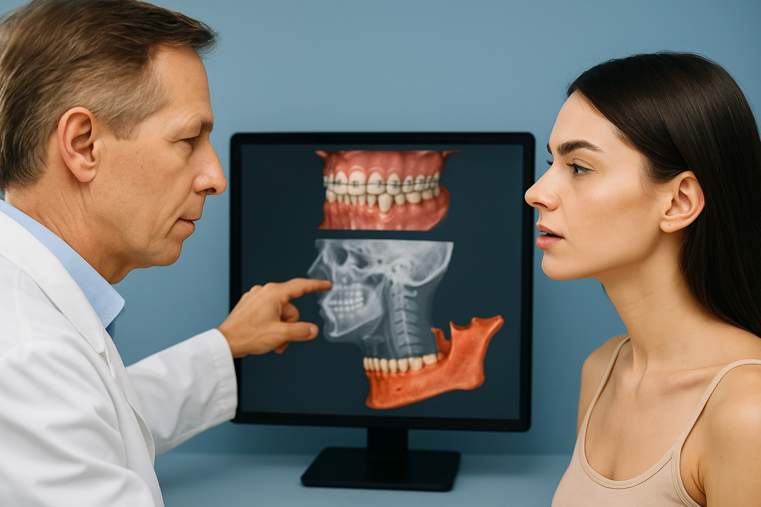 A high-resolution digital photograph depicts a middle-aged orthodontist showing 3D dental imaging on a screen to a young female patient