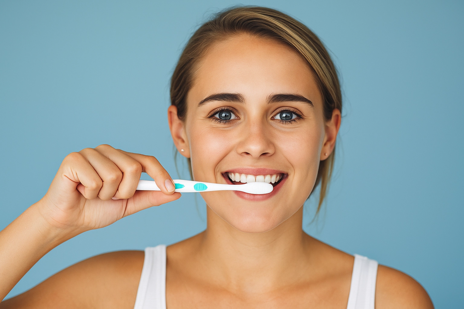 A high-resolution digital photograph features a young Caucasian woman with blonde hair smiling as she brushes her teeth.