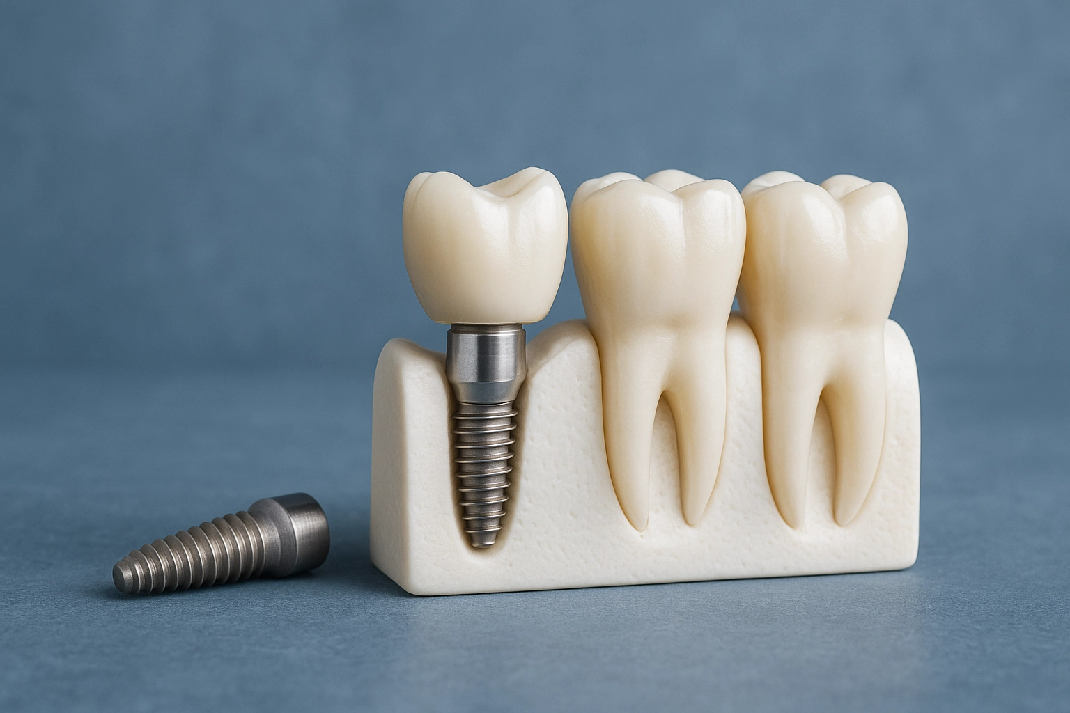 Photorealistic dental implant model showing titanium screw and natural-looking crowns against a blue-grey background.