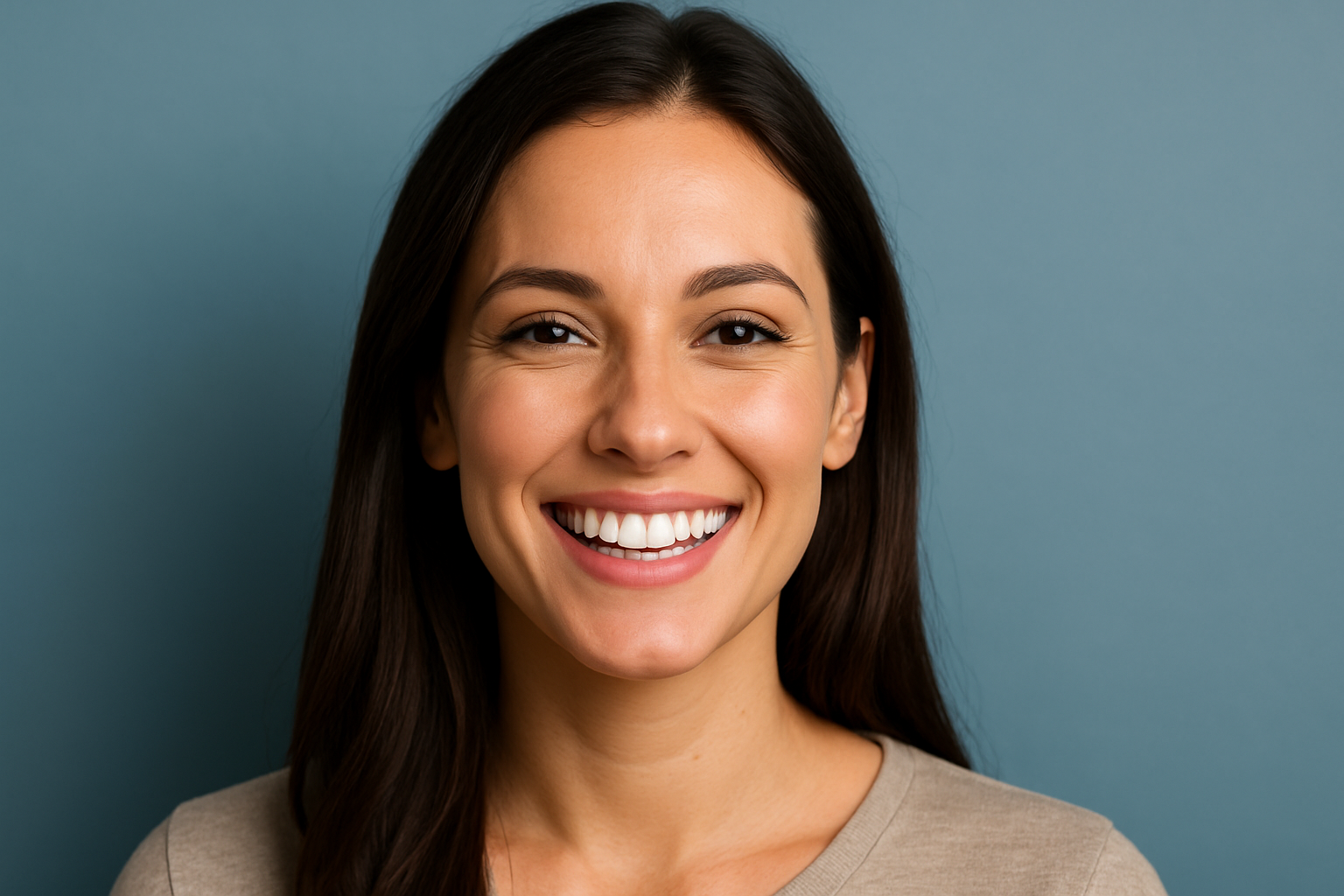 Smiling young woman with straight white teeth, dark brown hair, and glowing complexion against a blue background.