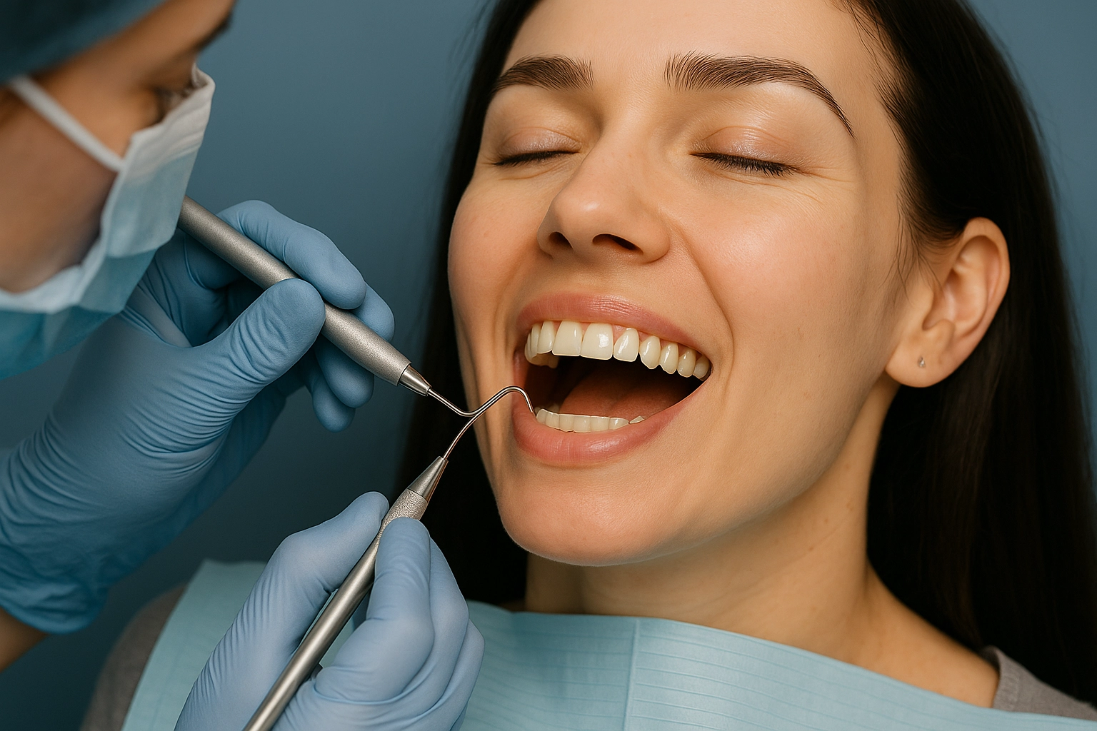 Close-up of dental cleaning procedure with hygienist using scaler on patient’s teeth, showing healthy gums and bright smile, against blue background.