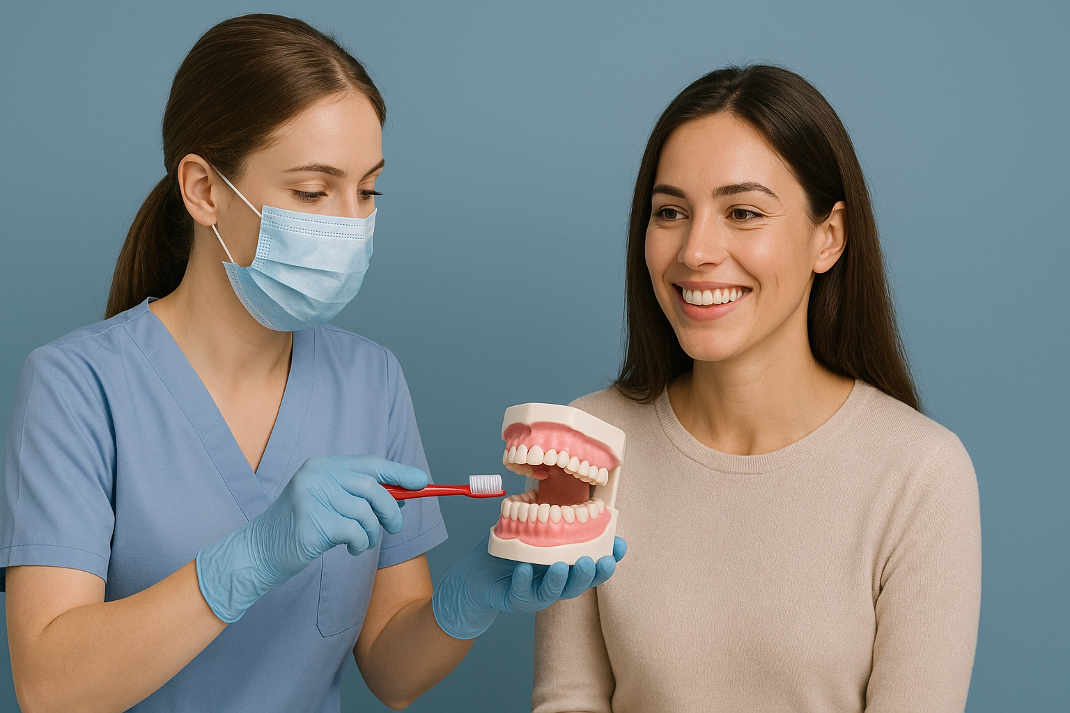 Photorealistic scene of dental hygienist teaching oral hygiene with toothbrush and dental model to smiling patient, set against a blue-grey background.