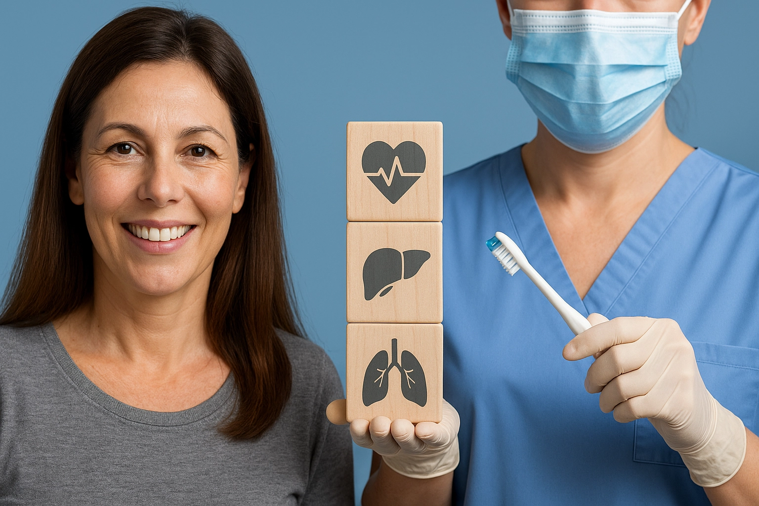 Middle-aged woman smiling beside dental professional holding toothbrush and wooden blocks with heart, liver, and lung icons, symbolizing oral health connection to overall wellness.