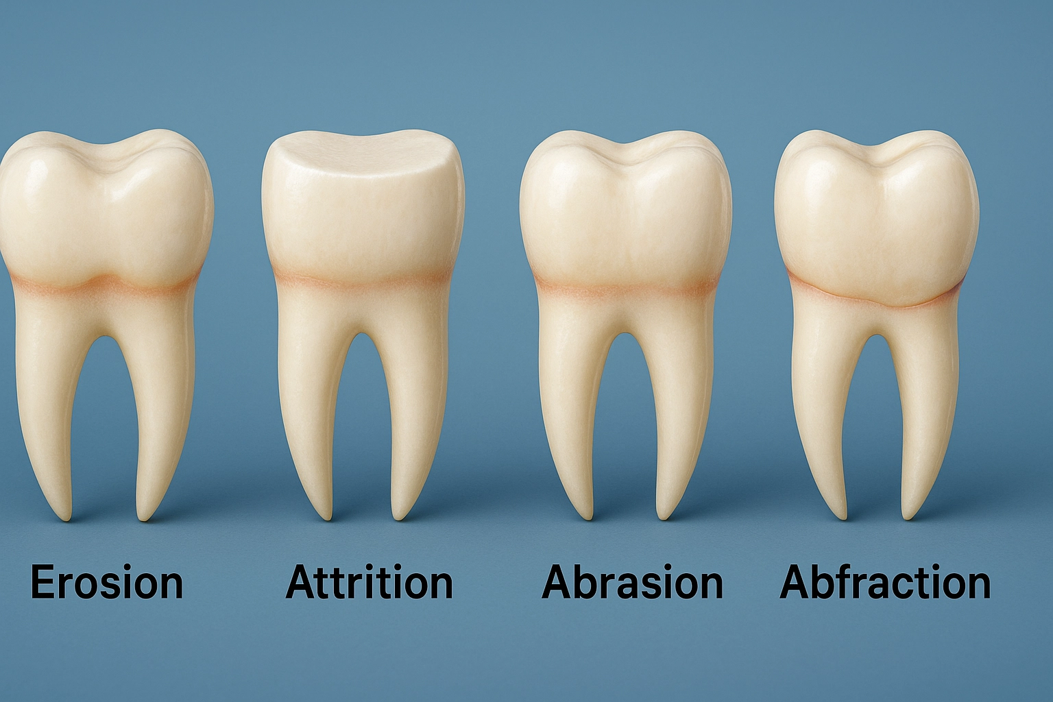 Photorealistic 3D illustration of four teeth showing different types of wear—erosion, attrition, abrasion, and abfraction—set against a blue-grey background.
