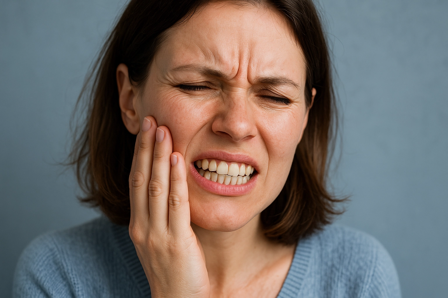 Close-up photo of a woman with short brown hair pressing her cheek in discomfort, showing signs of tooth sensitivity and pain, against a blue-grey background.