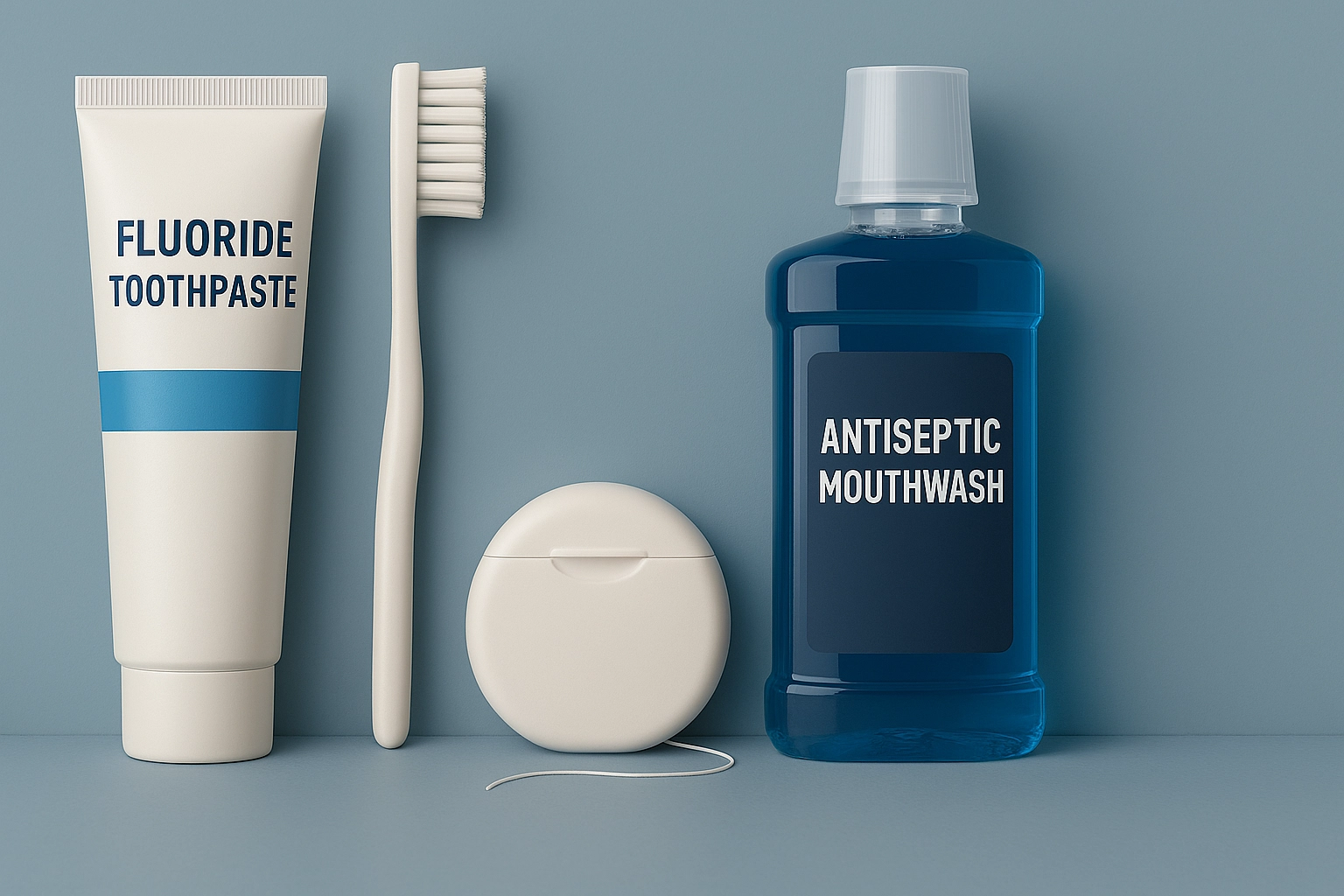photo realistic image of fluoride toothpaste, toothbrush, dental floss, and antiseptic mouthwash neatly arranged on blue background without food