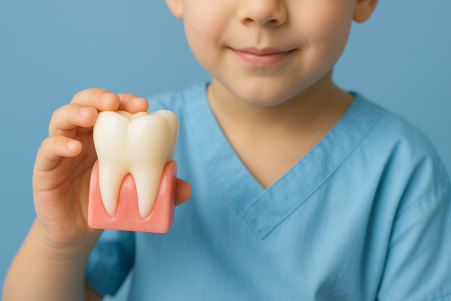 photo realistic image of young child in blue gown holding dental model of tooth and gums symbolizing pediatric dental care on blue background