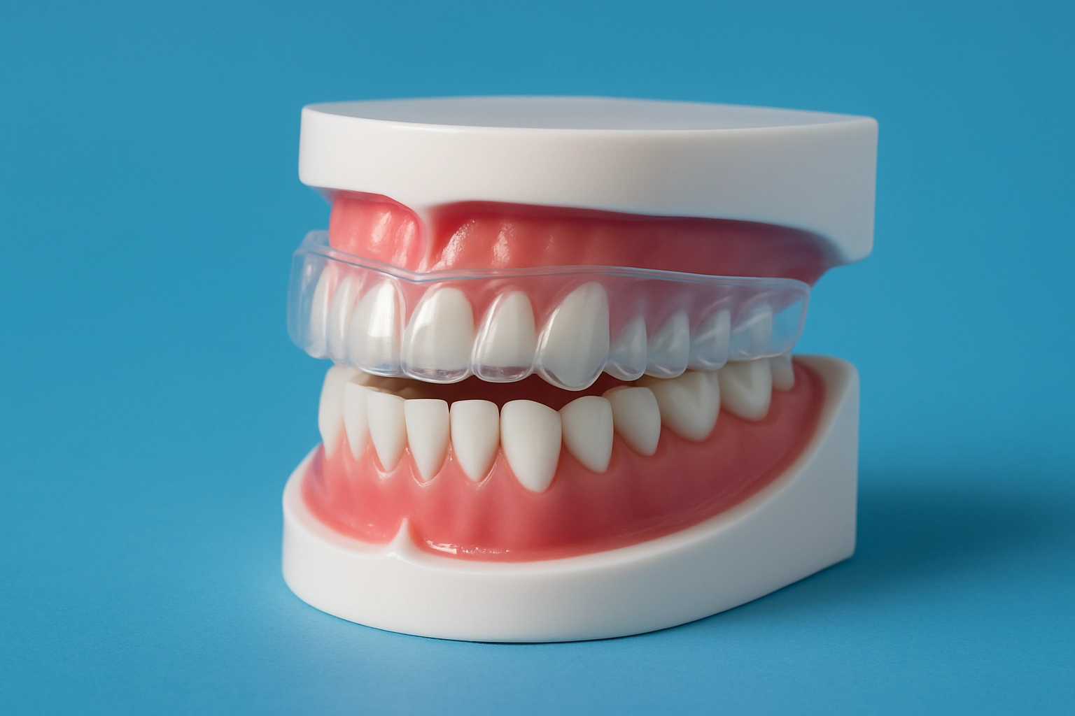 photo realistic image of dental model with gums and teeth wearing a transparent custom-fitted mouthguard against blue background symbolizing sports protection
