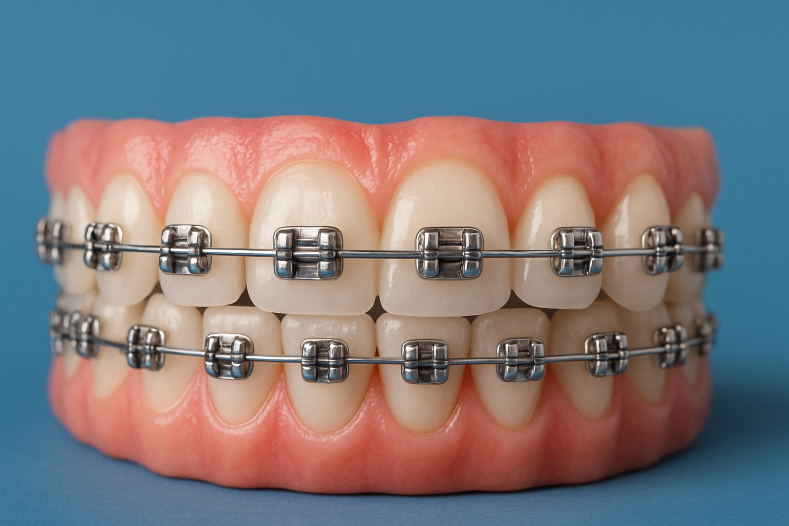 photo realistic image of upper and lower teeth with shiny silver traditional metal braces and wire on healthy gums against blue background