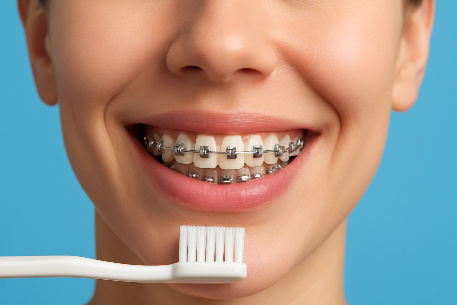 photo realistic close-up of smiling woman with upper and lower metal braces on natural teeth against blue background