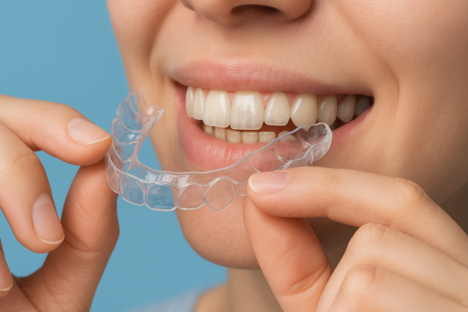 photo realistic close-up of smiling woman holding transparent retainer tray above straight white teeth ready for placement against blue background