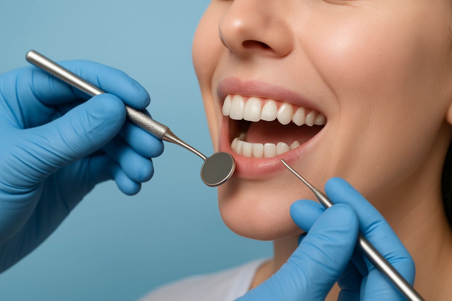 photo realistic horizontal close-up of dentist in blue gloves using mirror and probe to examine patient’s healthy teeth and gums against blue background