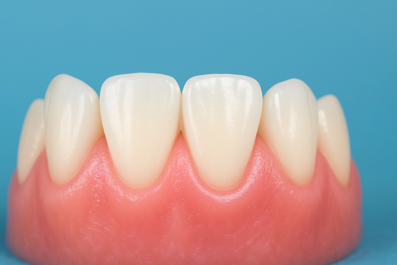 photo realistic close-up of healthy white teeth with smooth pink gums on blue background