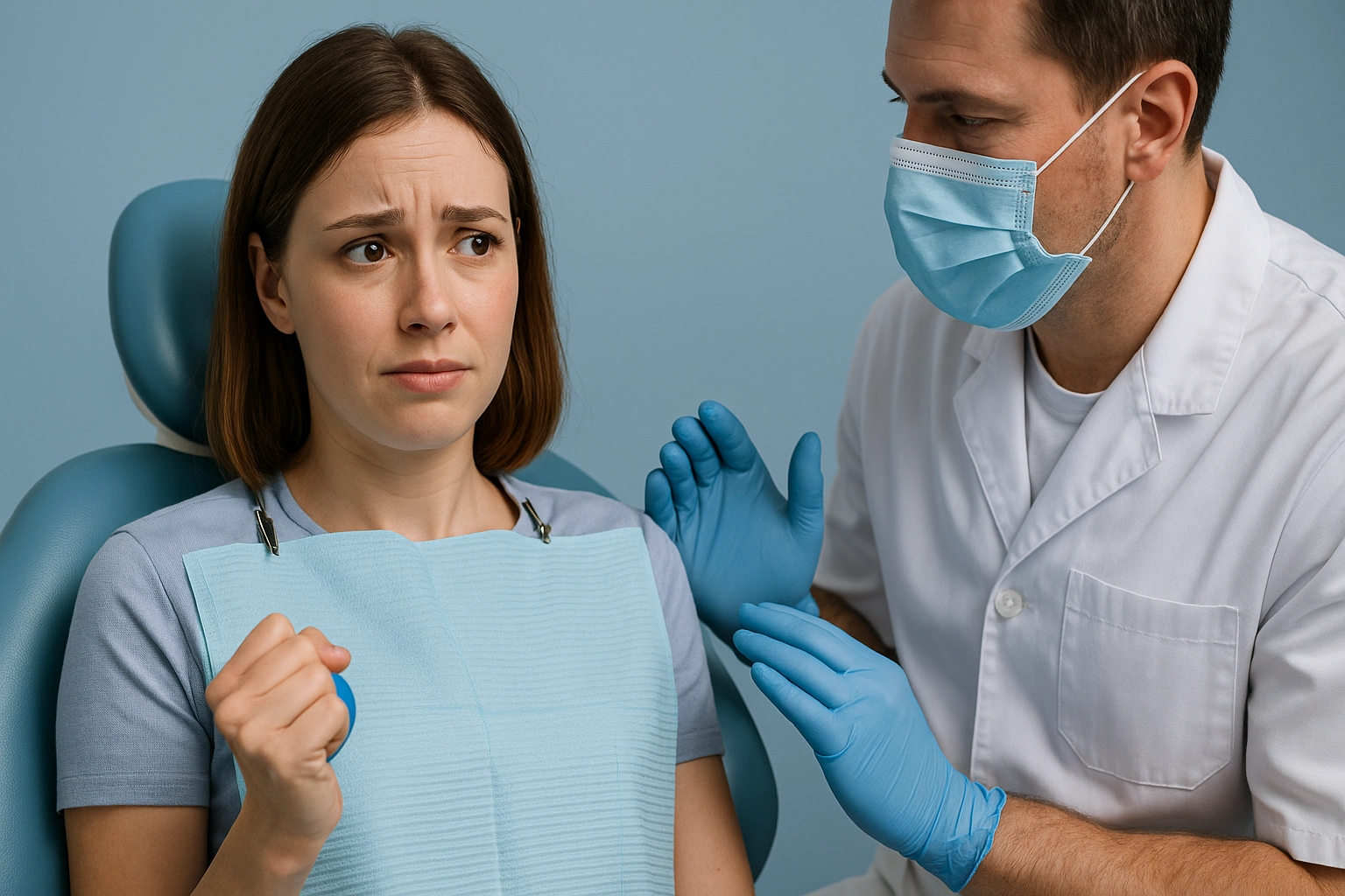 photo realistic image of anxious female patient in dental chair holding blue stress ball while dentist in mask and gloves gently reassures her against blue background
