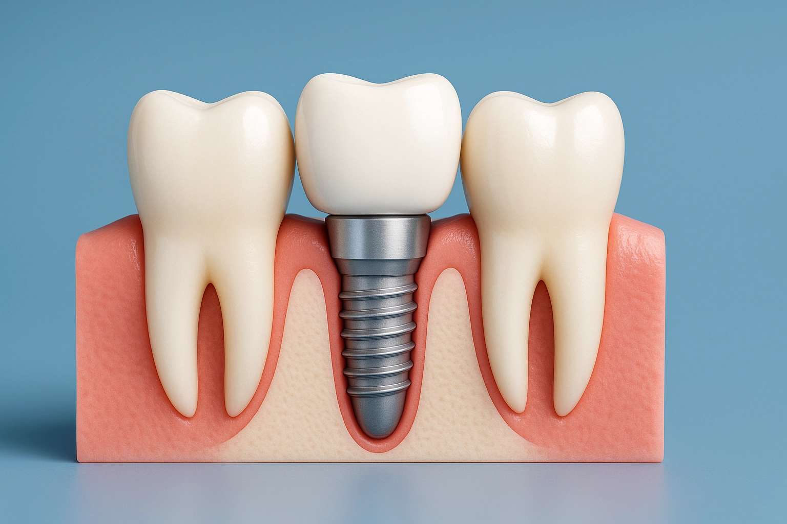 photo realistic straight-on view of fixed dental bridge showing pontic tooth supported by two crowned natural teeth on healthy gums with blue background