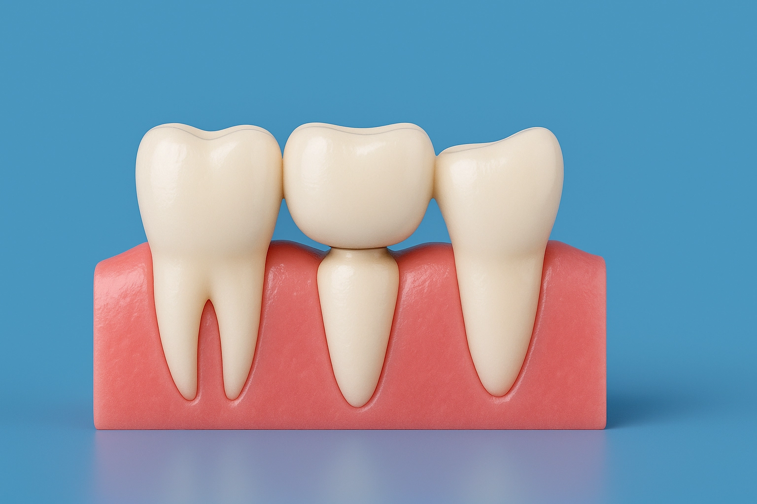 photo realistic straight-on view of traditional dental bridge showing three seamless crowns across healthy pink gums with blue background