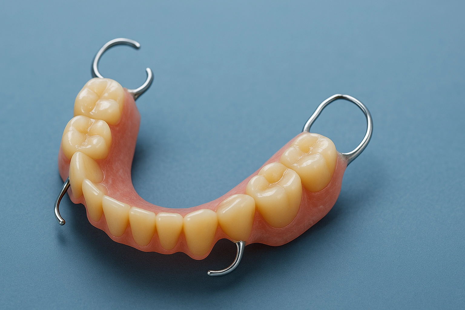 photo realistic partial denture appliance, gum-colored base, artificial teeth, metal clasps, blue-grey background