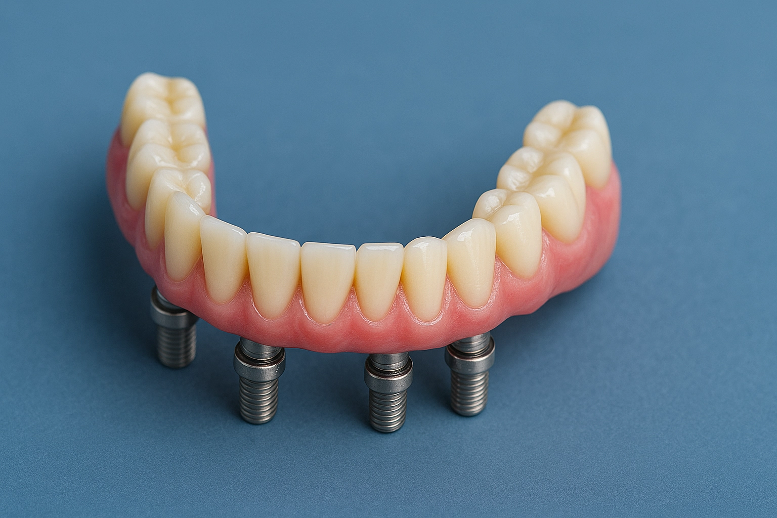 photo realistic all-on-4 dental implants full arch restoration, titanium implants, gum-colored base, natural prosthetic teeth, blue-grey background