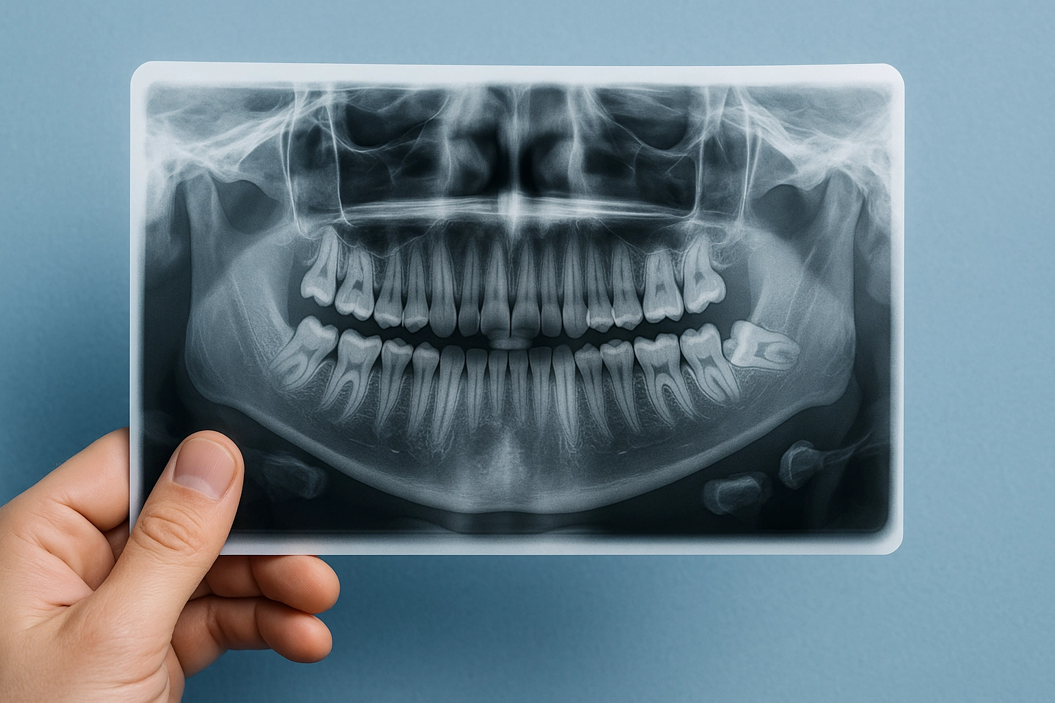 panoramic dental X-ray showing full set of teeth with impacted wisdom teeth against a blue-grey background held by a hand.