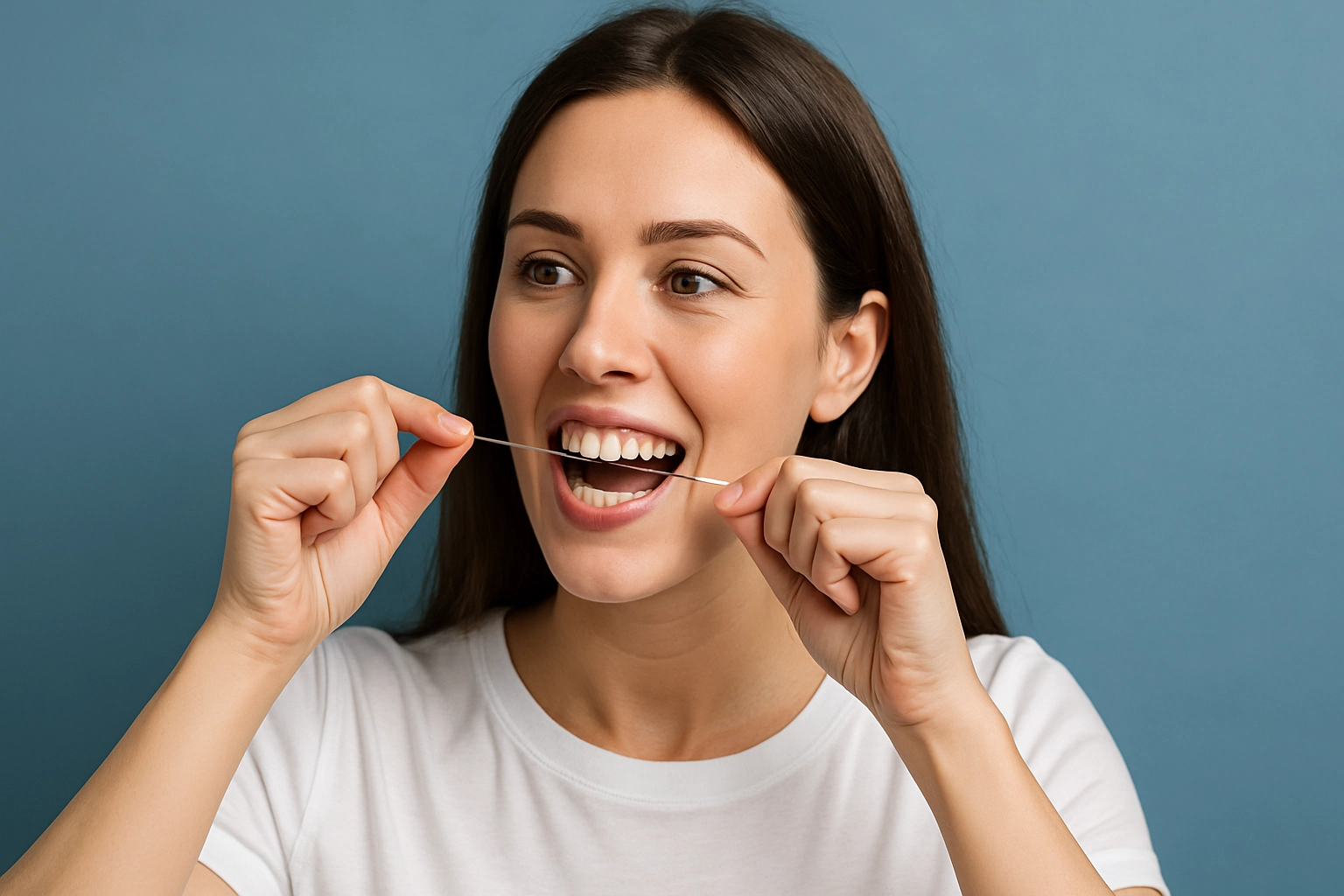 young woman flossing teeth with dental floss against blue-grey background promoting oral hygiene and systemic health connection.