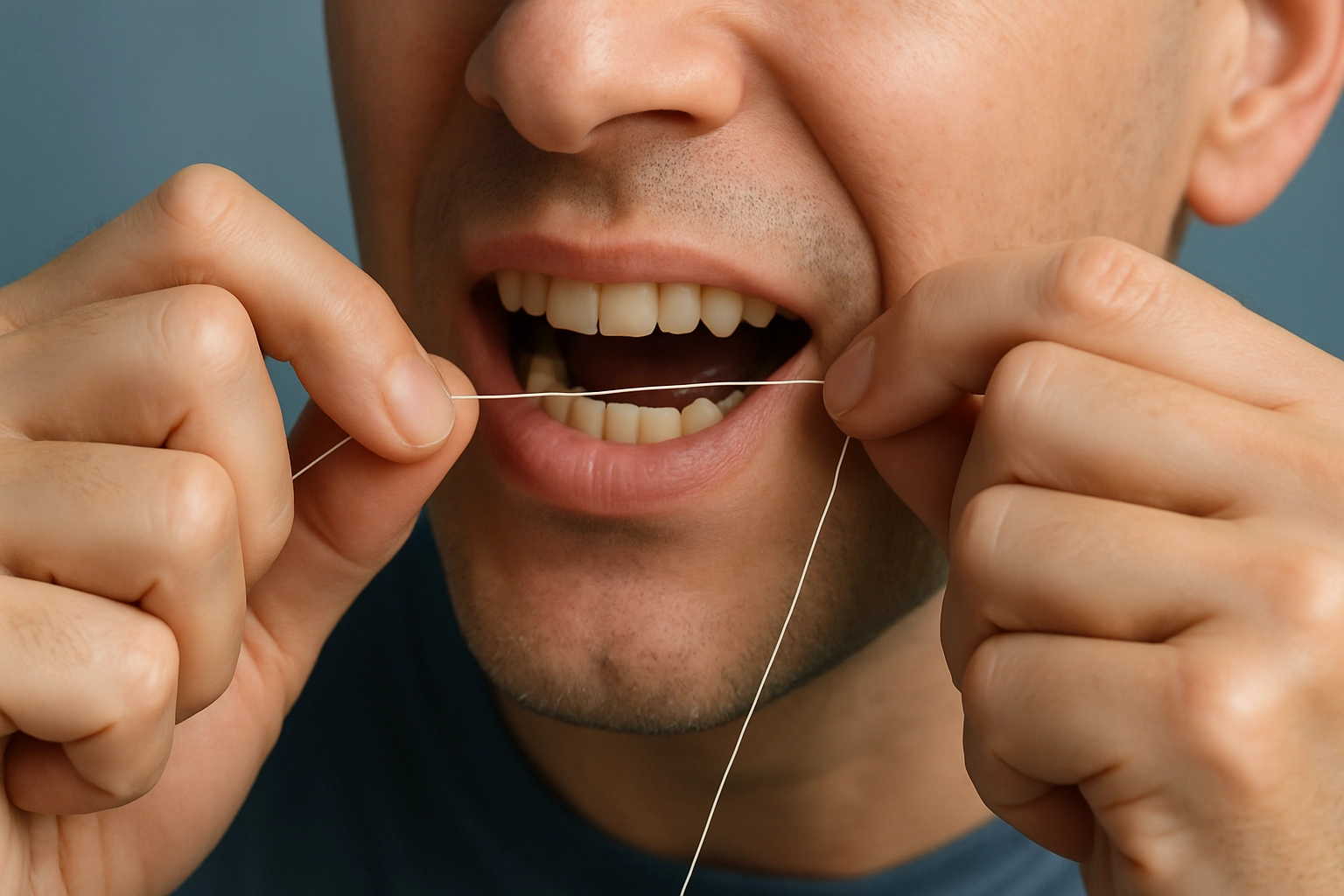 close-up of man flossing teeth with hands guiding dental floss between teeth against blue-grey background.