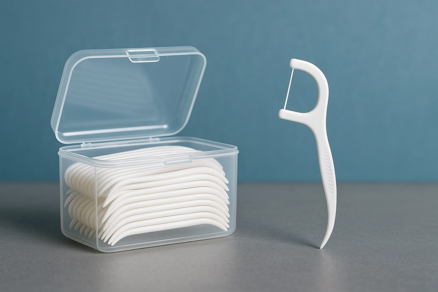box of dental floss picks with lid open beside a single upright floss pick on gray surface against blue-grey background.