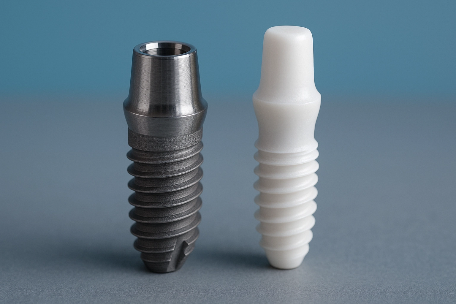 close-up of titanium and zirconia dental implants side by side on gray surface with blue gradient background showing detailed threads and abutments.