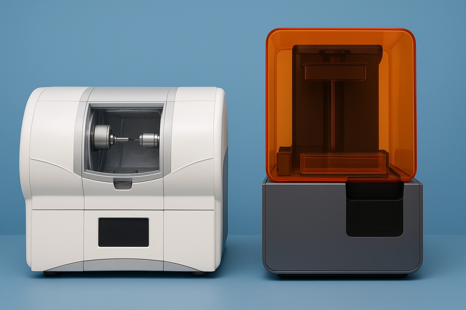 dental milling machine and 3D printer side by side against blue background highlighting modern implant dentistry equipment.