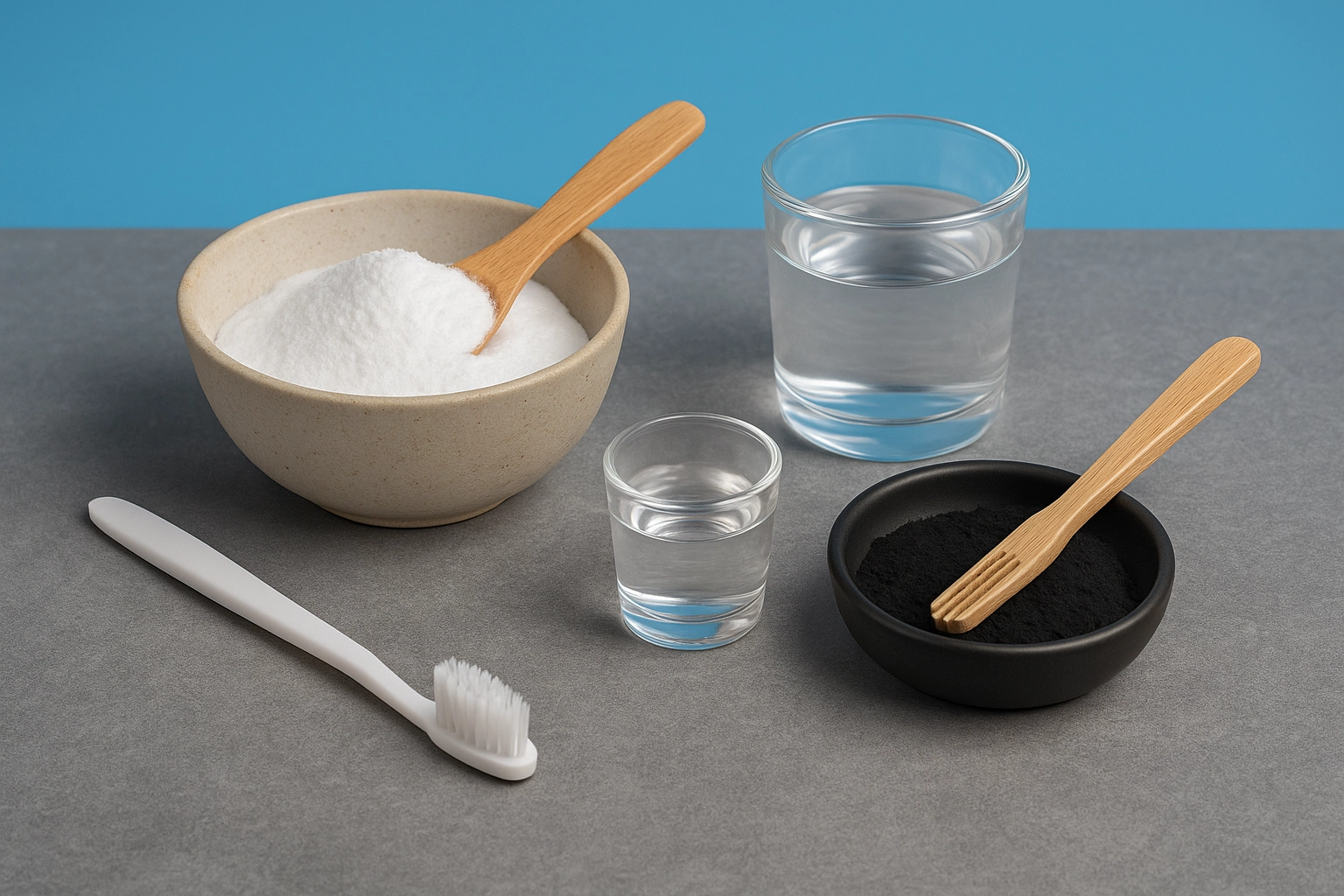 baking soda in ceramic bowl, activated charcoal in black dish, toothbrush, and glass of coconut oil arranged on gray surface with blue background.
