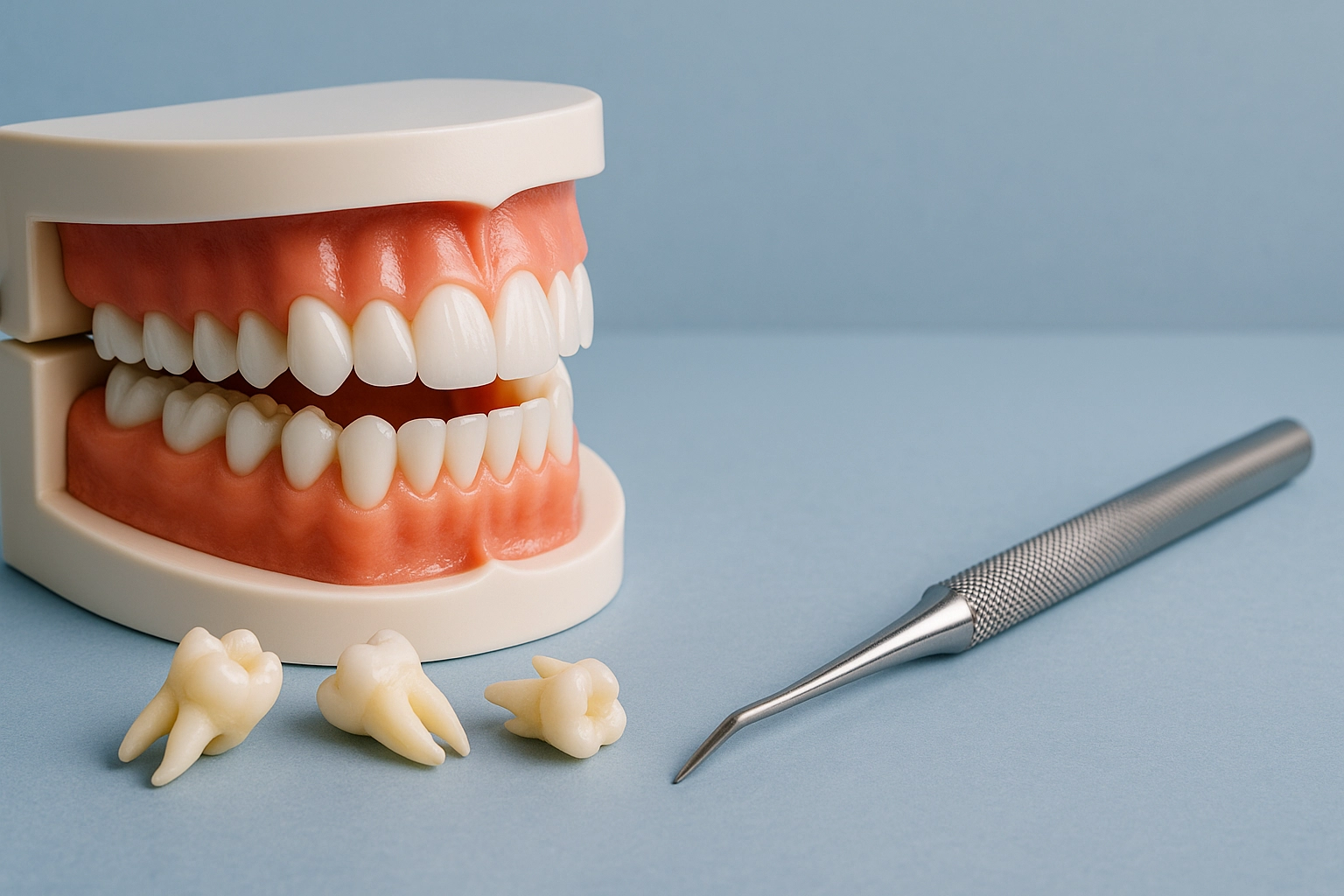 horizontal photorealistic image of dental jaw model with three extracted wisdom teeth and stainless steel dental tool on light blue background