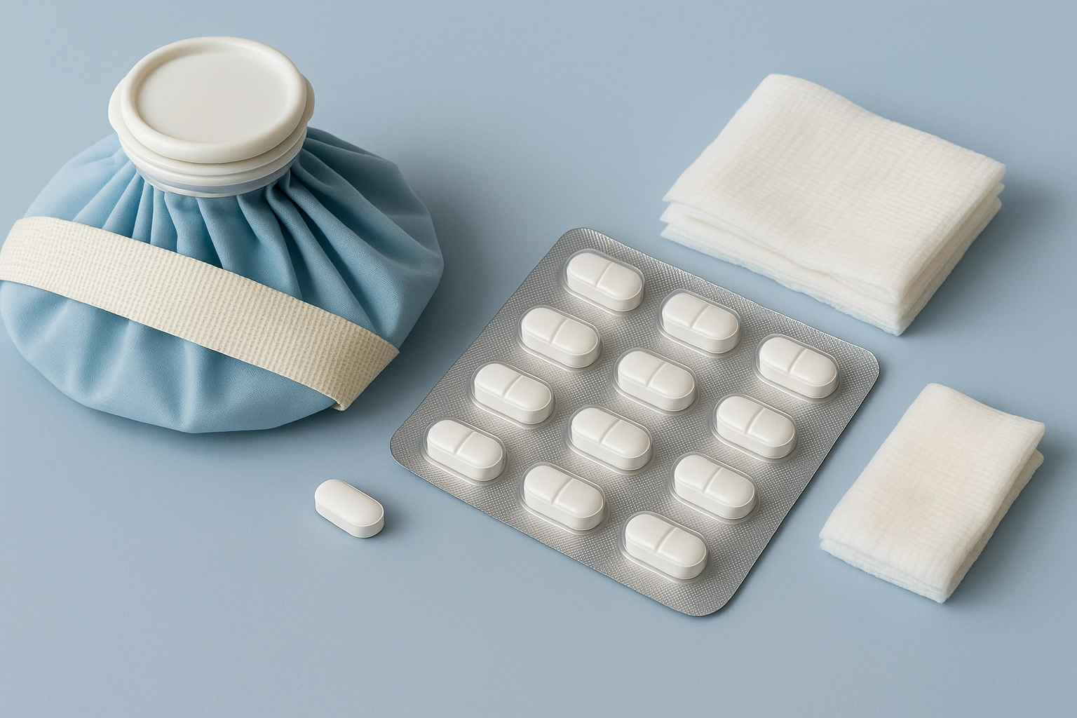 horizontal photorealistic image of post-operative dental care essentials including ice pack, blister pack of white tablets, single loose pill, and clean folded gauze pads on light blue background