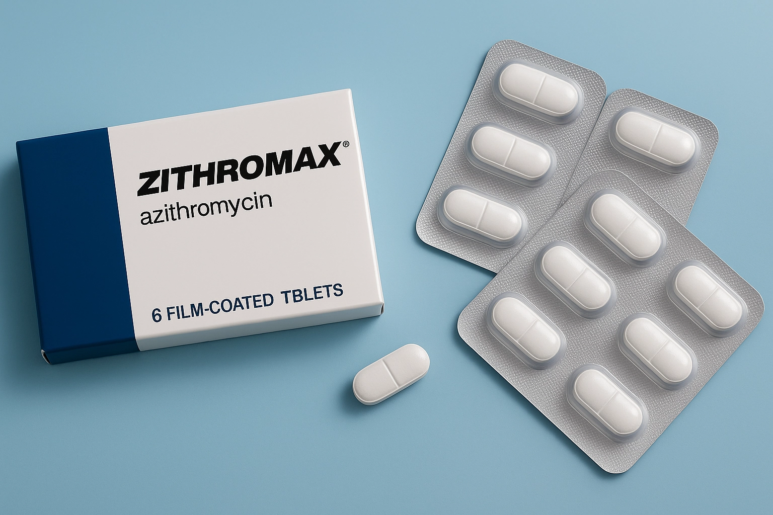 horizontal photorealistic image of ZITHROMAX azithromycin box without Pfizer logo, three blister packs of white tablets, and one loose pill on light blue background
