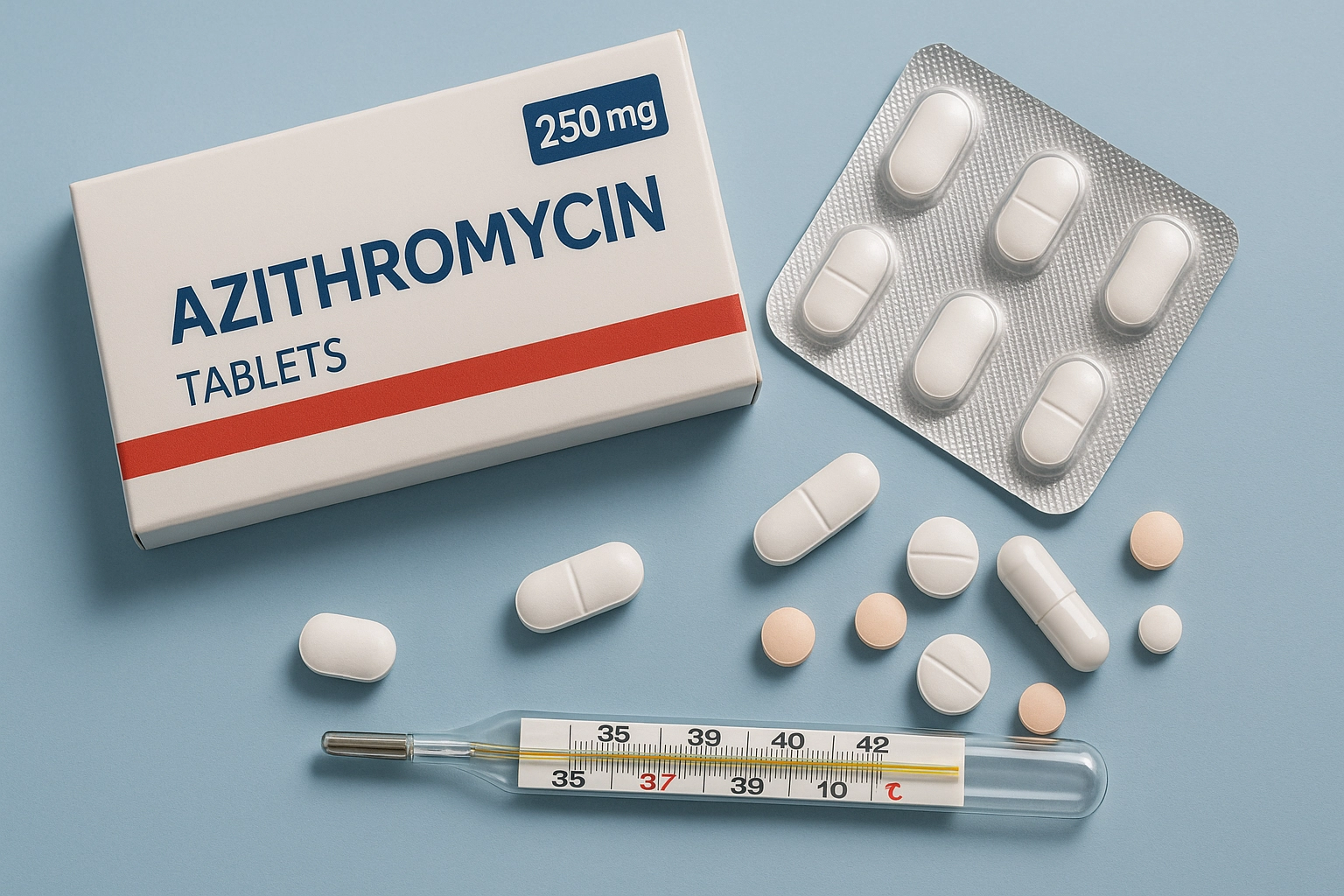 horizontal photorealistic image of azithromycin box labeled 250mg with blister pack of tablets, loose white and round pills, and glass thermometer on light blue background